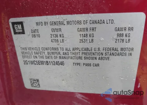 2011 Chevrolet Impala Ltz from USA, damaged, VIN 2G1WC5EM1B1124546